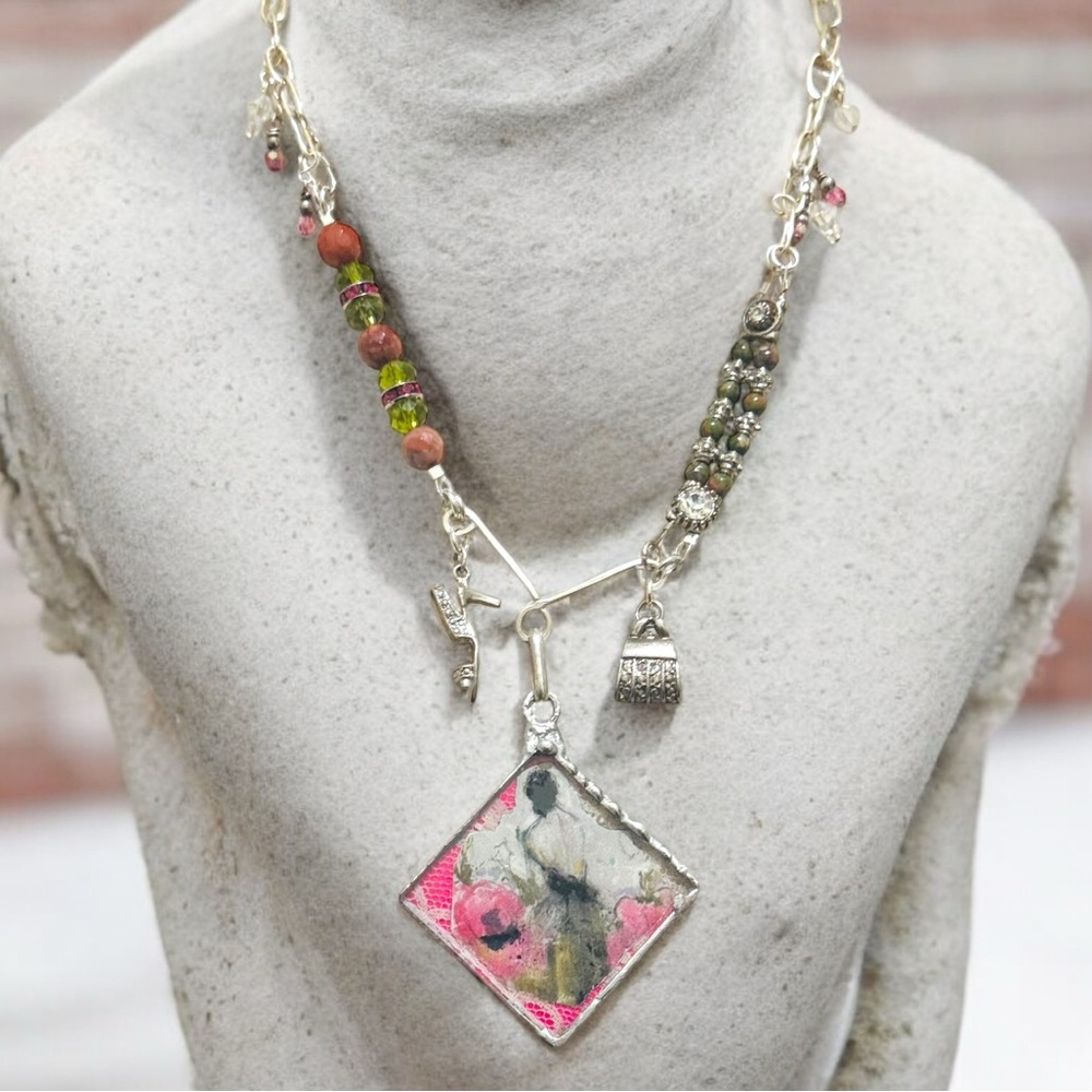 Handcrafted Silver & Glass Pendant with Unakite & Pink Jasper Silver Necklace - Picture 3 of 17